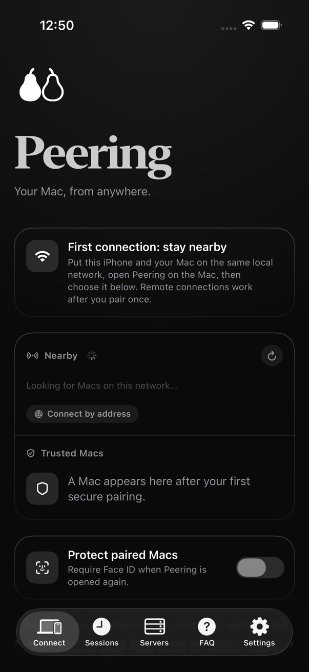 Peering on iPhone: the Connect screen, with Nearby Macs and Trusted Macs.