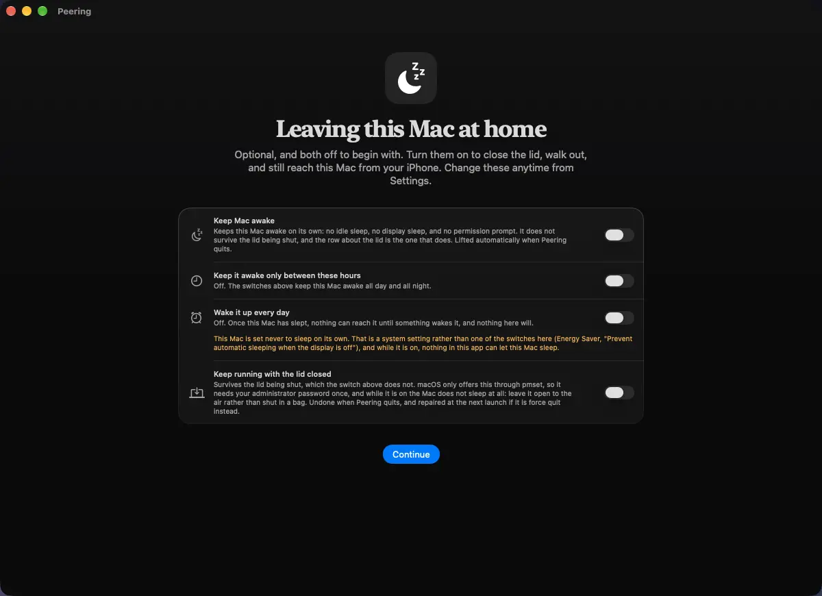 Peering's Leaving this Mac at home screen, showing the Keep Mac awake, schedule, daily wake, and lid-closed switches, all off.