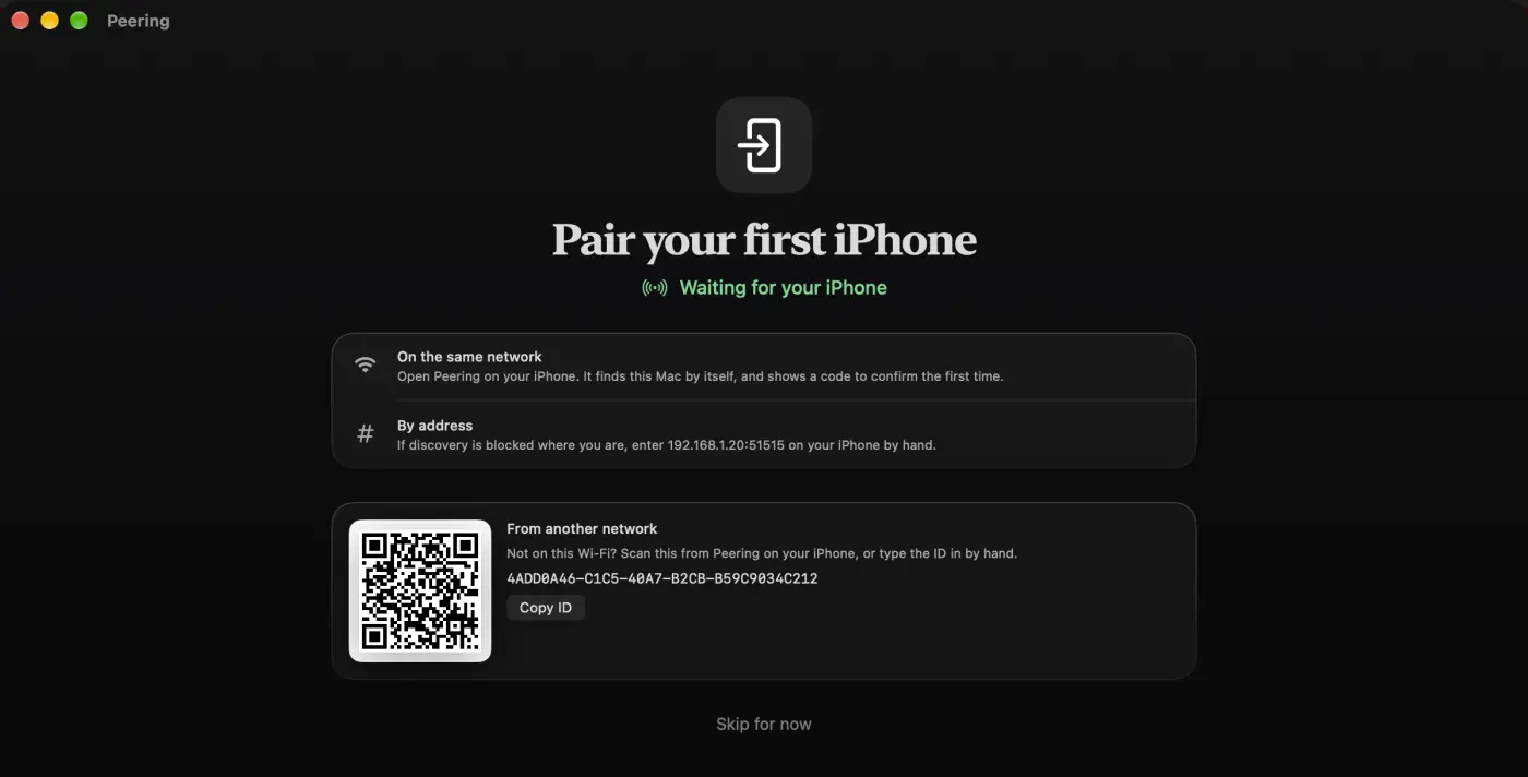 Peering's Pair your first iPhone screen, showing the three ways to connect and a QR code for pairing from another network.