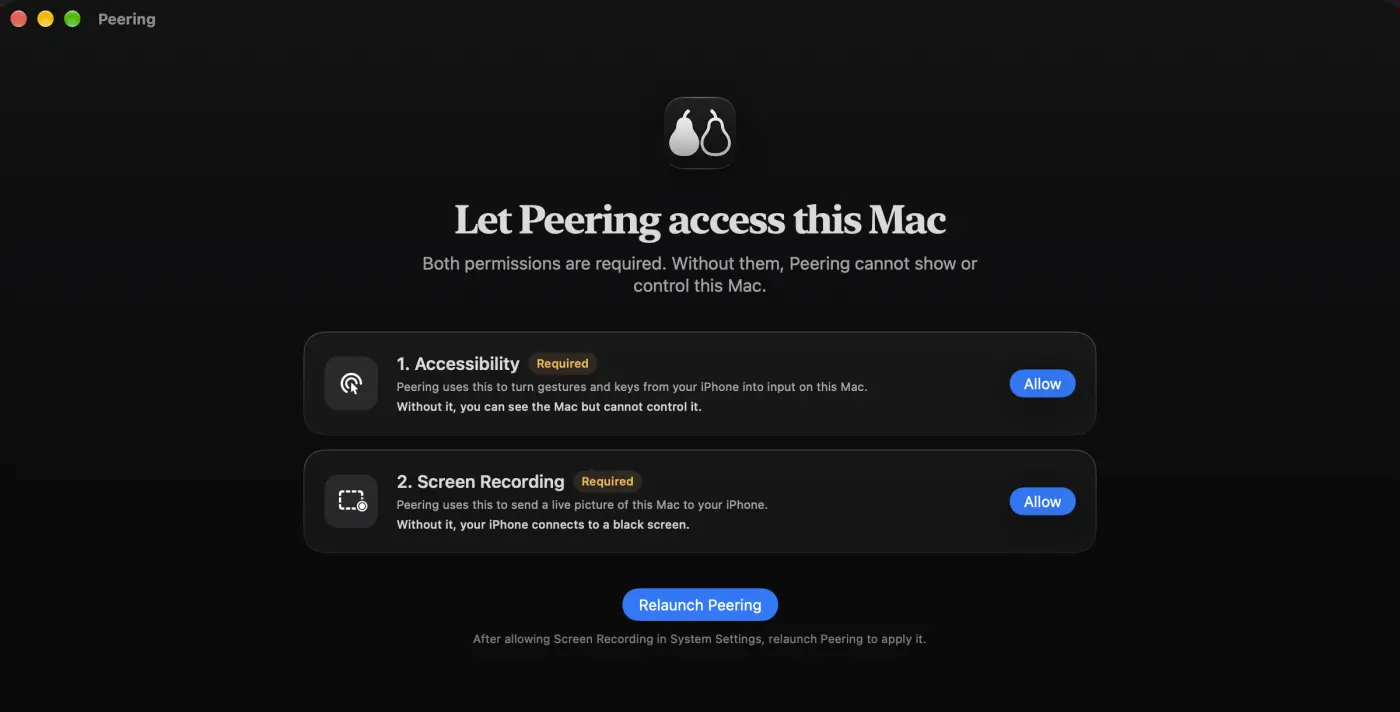 Peering's Let Peering access this Mac screen, showing Accessibility and Screen Recording as required, each with an Allow button.